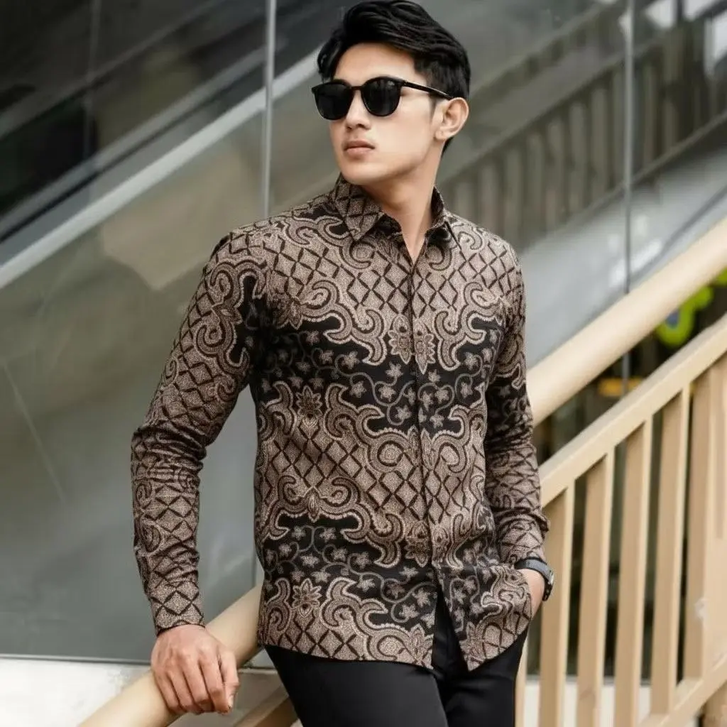 Kemeja Batik Pria Lengan Panjang Modern Kemeja Batik Kekinian Cowok Dewasa Motif Jalu Hitam Size M - XXL
