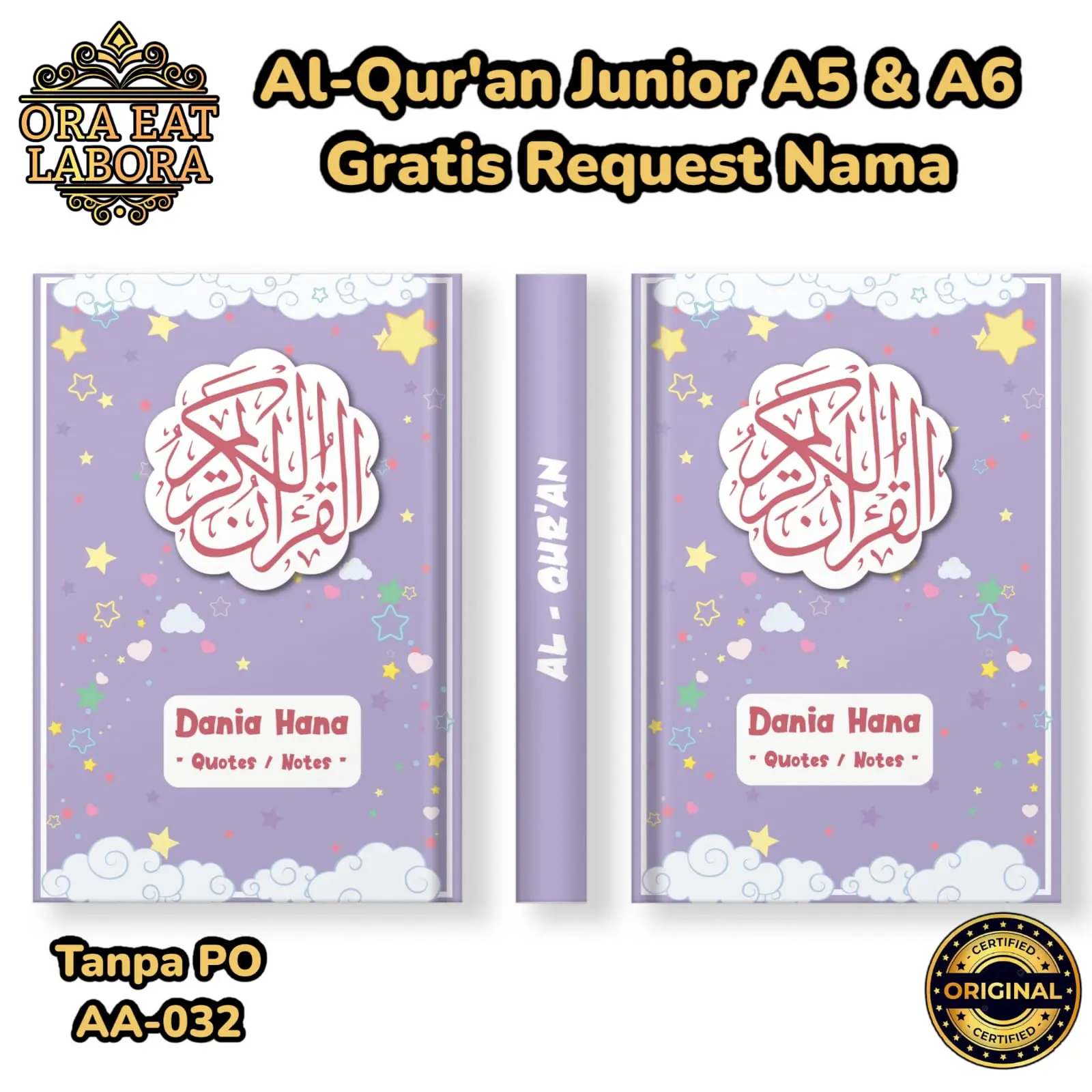 [Al-Quran Junior [AA-032] Gratis Custom Nama & Foto] Al Quran Anak Hardcover Ukuran A5 & A6 Latin Terjemahan / Mushaf Al-Qur'an Khat Itsmani 15 Baris Ayat Pojok / Cover Bukan Di Sticker
