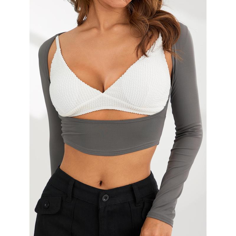 Women´s Long Sleeve Cropped Tops, Solid Color Round Neck Backless Show Navel T-shirt for Spring Summer 6