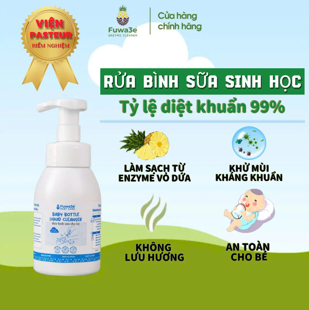 Nước Rửa Bình Sữa hữu cơ Fuwa3e; Rửa được tất cả các loại bình( pigeon, wesser,..);100% enzyme từ dứa an toàn cho bé