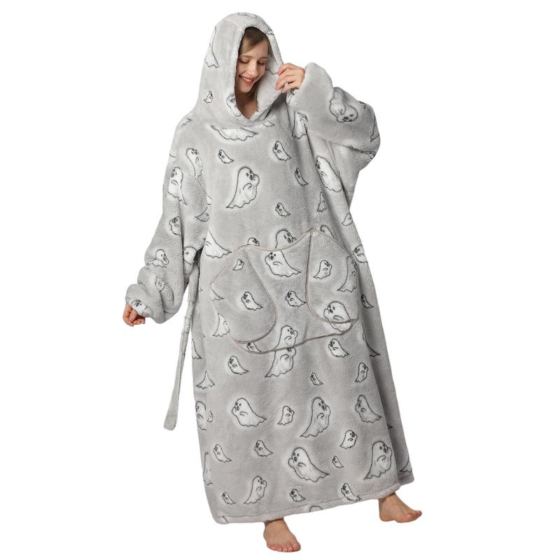Cartoon Animal Print Hoodie Blanket, 1 Count 320GSM Super Soft Warm Hoodie Blanket, Comfortable Hooded Blanket with Giant Front Pocket for Women Men, Halloween Decor, Mother's Day Gifts 5