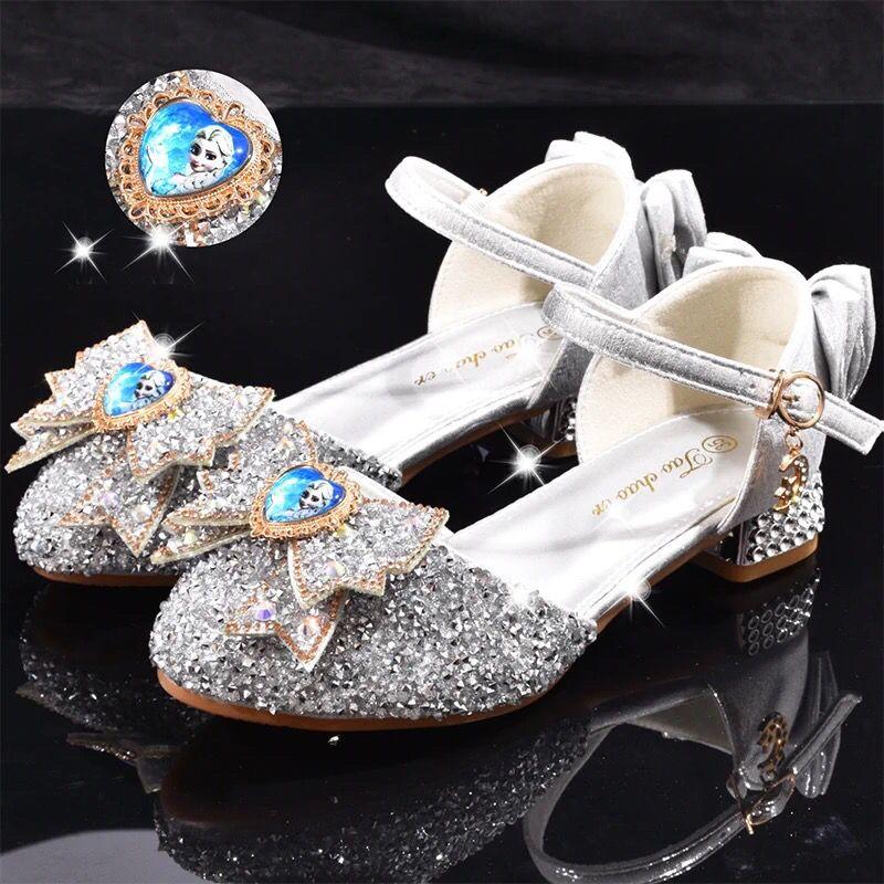 Children's Silver 2024 New Leather Shoes Catwalk Dress Princess Performance Crystal Shoes Girls Soft Bottom Small High Heel Shoes 2