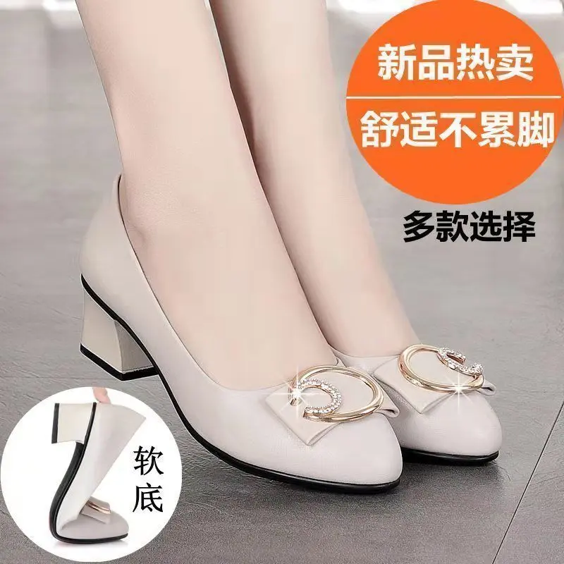 Giày Cao Gót, Da Mềm, Đế Mềm, Dành Cho Nữ, Gót Trung Bình Kiểu Lười, Không Trơn Trượt, Cắt Thấp, Giày Da, Thời Trang Xuân Thu Mới 2024, Thích Hợp Cho Mẹ Shoes Women