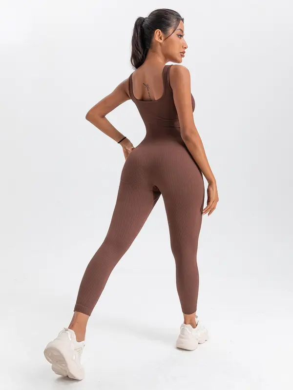 Women's Solid Backless Ribbed Sports Jumpsuit, Scoop Neck Seamless Jumpsuit, Ladies Sportswear Clothing, Sports Onesies, Summer Outfits 2024, Please Purchase A Size Up 6