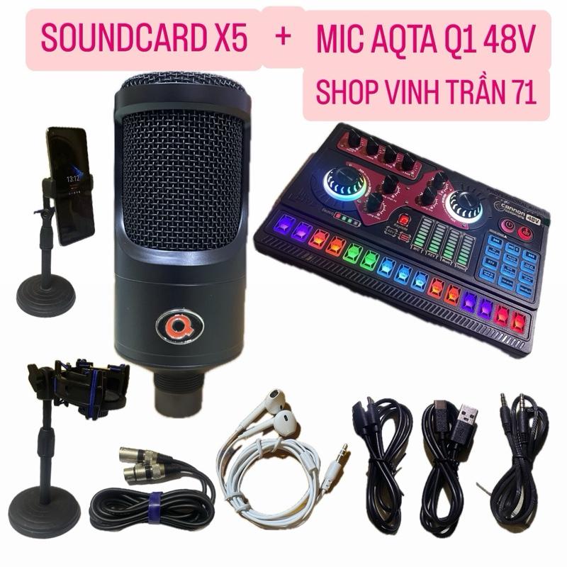 Bộ mic thu âm livestream AQTA P1 48V và sound card X5 kèm tai nghe,kẹp mic,kẹp điện thoại
