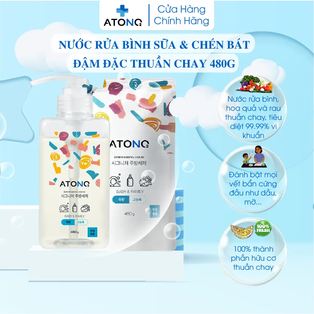 (TẶNG SỮA TẮM GỘI 50G) Combo (1 chai + 1 túi) Nước rửa bình sữa & chén bát, rau củ đậm đặc thuần chay Atono2 Hàn Quốc