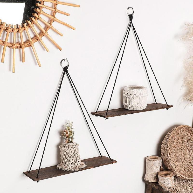 Hanging Wooden Shelves, 2 Counts Boho Hanging Plant Shelf, Floating Farmhouse Rustic Shelf, Room Decor, Summer Gifts Home Interior Decor 3