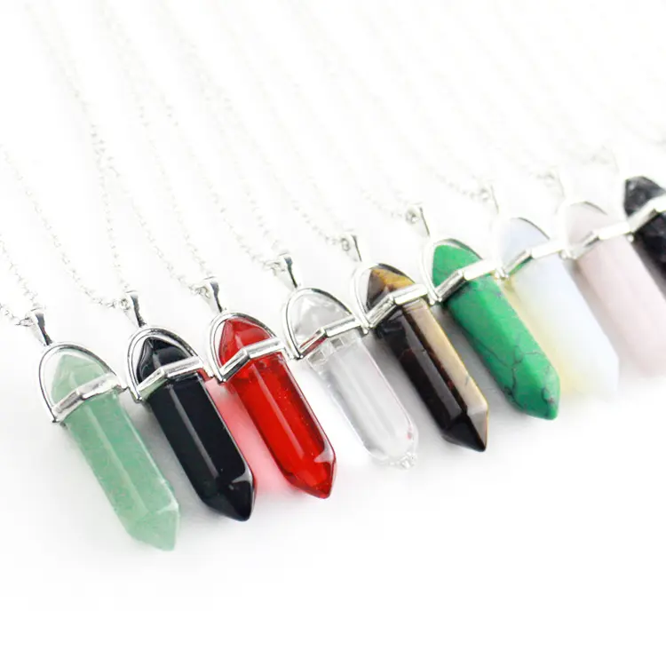New Amazon Wish Natural Stone Crystal Hexagon Prism Necklace Pendant Crystal Agate Necklace Foreign Trade Ornament Wholesale