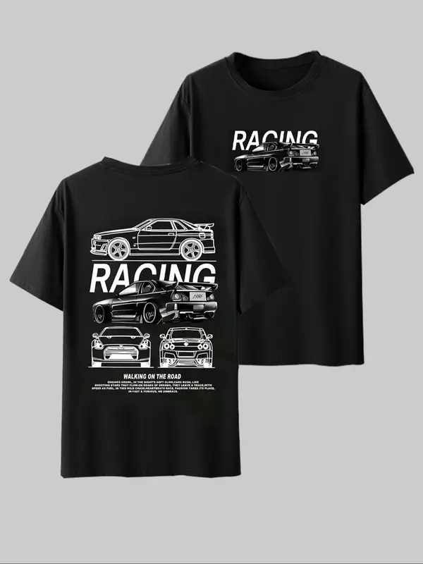Men's Car Print Round Neck Tee, Regular Fit Casual Short Sleeve T-shirt for Summer, Men's Top for Daily Wear, Tropical 2