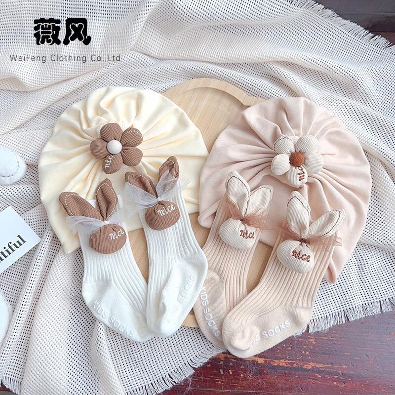Set mũ kèm tất dài hình thỏ xinh xắn cho bé gái từ 4-10kg Cotton Vải Cotton 8