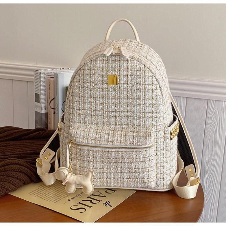  Ba lô đi học balo đi chơi thời trang cao cấp vải dạ kim tuyến size 40 vừa a4 laptop  đeo vai tặng kèm móc khóa - BL31 Backpack Da Kem cap 