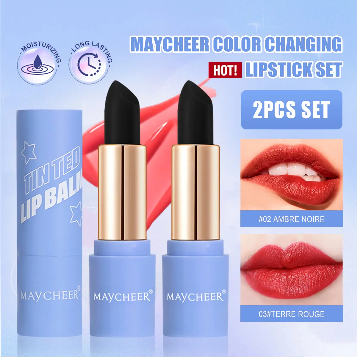MAYCHEER 2PCS Lipstick Waterproof Color Liptint Moisturizing Temperature Change Lip Balm Super-stay Lip Makeup