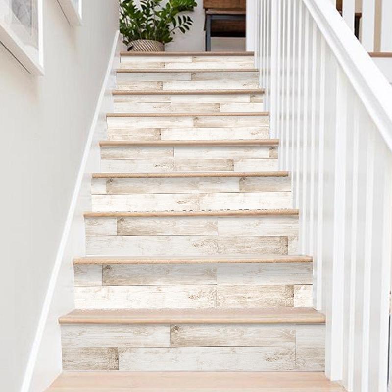 7pcs/set Simulation Wood Grain Pattern Stair Decor Sticker, Self-adhesive Waterproof Sticker for Floor & Wall, Home Decoration Sticker, Interior 8