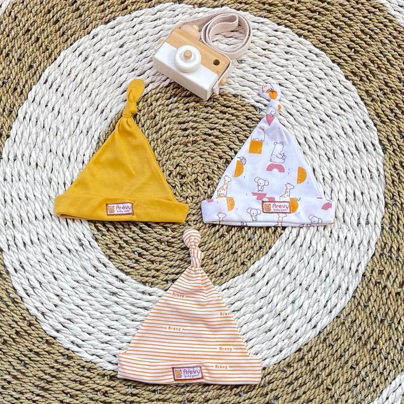 Topi Kuncung Bayi Arevy Babywear Isi 3 Pcs Seri Mustard Perlengkapan Bayi Newborn Topi Kupluk Motif Unisex 0-6 Bulan 5
