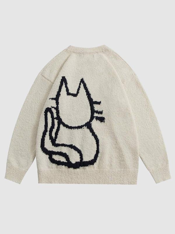 Men's Cartoon Cat Print Drop Shoulder Sweater, Loose Casual Long Sleeve Round Neck Jumper for Fall & Winter, Knitting Tops, Sweater for Women, Valentine's Day Gift for Men, Men's Knitwear for Daily Wear, Weekend Sweater 1