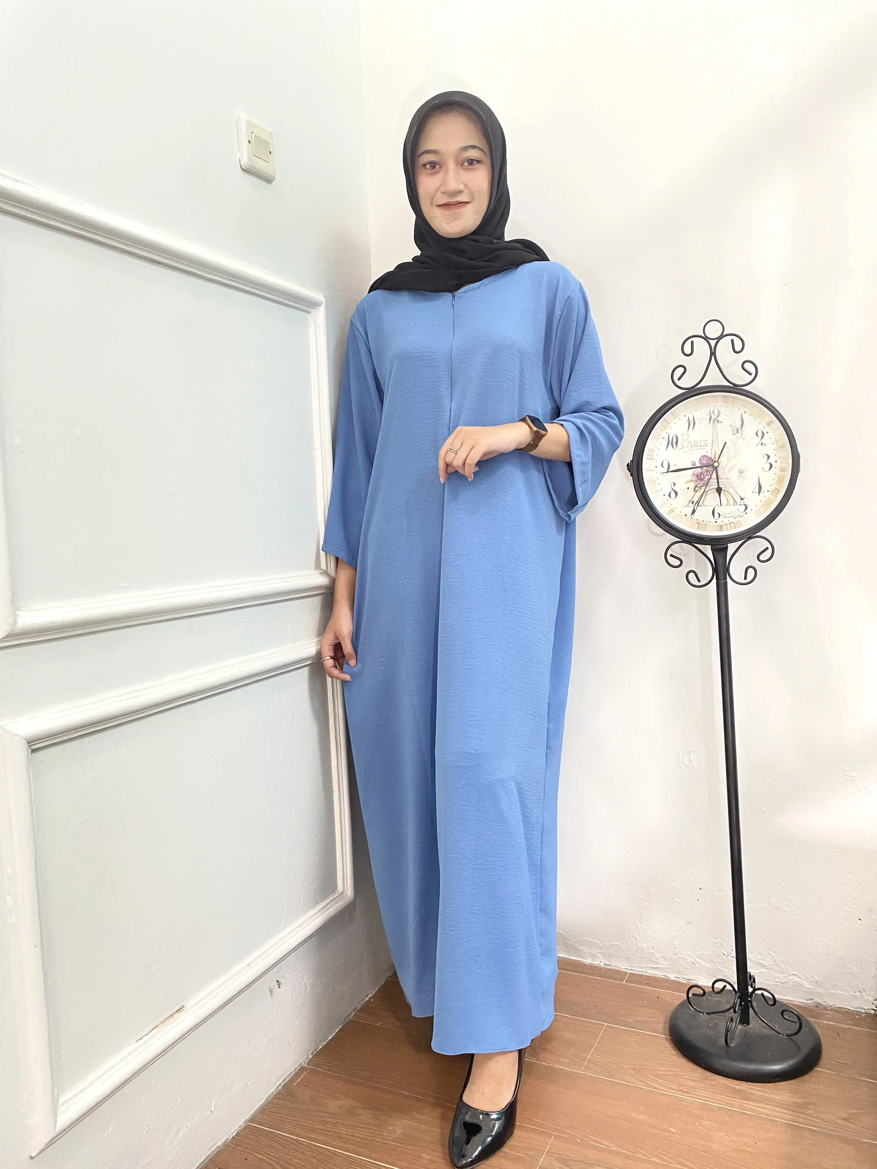 Gamis Daster Crinkle airflow Polos Wanita Panjang busui bumil dress model Lengan 3/4 Banyak Warna bisa untuk ibu hamil Nyaman