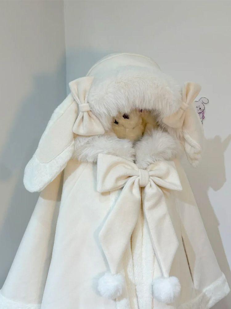 Product Introduction of 2024 Autumn and Winter New Sweet Cute Rabbit Ears Woolen Cloak Loose Youthful-Looking Bow Hooded Chic Coat 9
