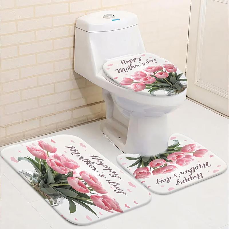 Product Introduction of Floral Pattern Bathroom Accessories, 1 Set Including Shower Curtain, U-shaped Mat, Toilet Lid Cover, Bath Mat, Bathroom Decor Supplies 2