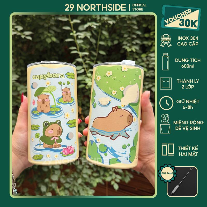 29NS-(Tặng Cọ Rửa) Ly Giữ Nhiệt Dung Tích 600ML CAPYBARA Dễ Thương Inox 304 Đi Kèm Ống Hút, Bình giữ nhiệt summer Nóng Lạnh bình nước capybara