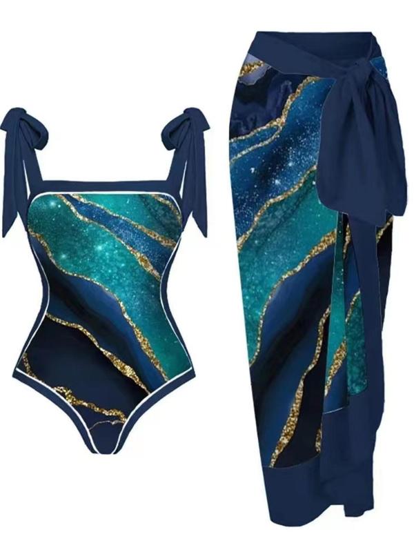 Women's All Over Print Knot Swimsuit Set, Boho Wrap Skirt & Sleeveless Bodysuit, Chic Swimwear For Beach Vacation, Bikini Sets, Ladies Summer Clothes 3