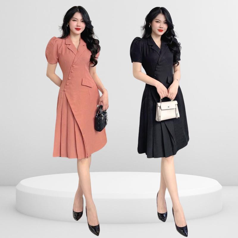 Đầm Nữ thiết kế Nhật Vy tay phồng cổ vest đắp chéo chiết eo dáng xèo dập ly túi giả cúc bọc chất linen gân phù hợp đi tiệc công sở văn phòng có màu đen và hồng - D2740 Dress Nhung Women Kem