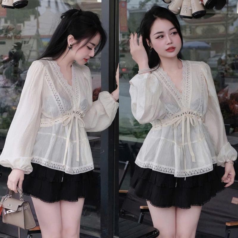 Set váy nữ áo đũi thô cổ V phối ren dài tay mix chân váy mango dáng xòe [có lót] tôn dáng xinh xắn cho các nàng diện đi chơi đi tiệc.women top.