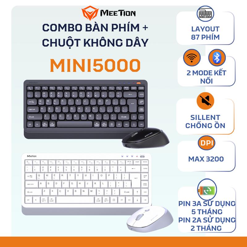 Bộ bàn phím chuột không dây Meetion Mini5000 dual mode Bluetooth + USB 2.4GHz phím chống ồn thiết kế nhỏ gọn