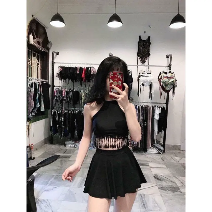 Bikini, Đồ Bơi Đi Biển Hai Mảnh Yếm Tua Rua Chân Váy HM-068