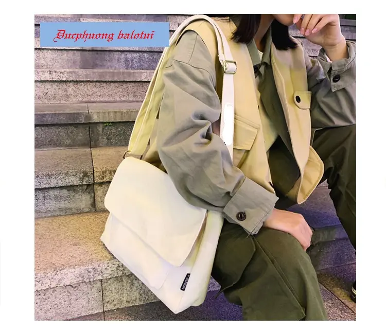 Túi vải đeo chéo đi học đựng vừa sách giáo khoa ( tặng kèm gim cài ) Tote Đeo Vai Nữ Bag Kem 1