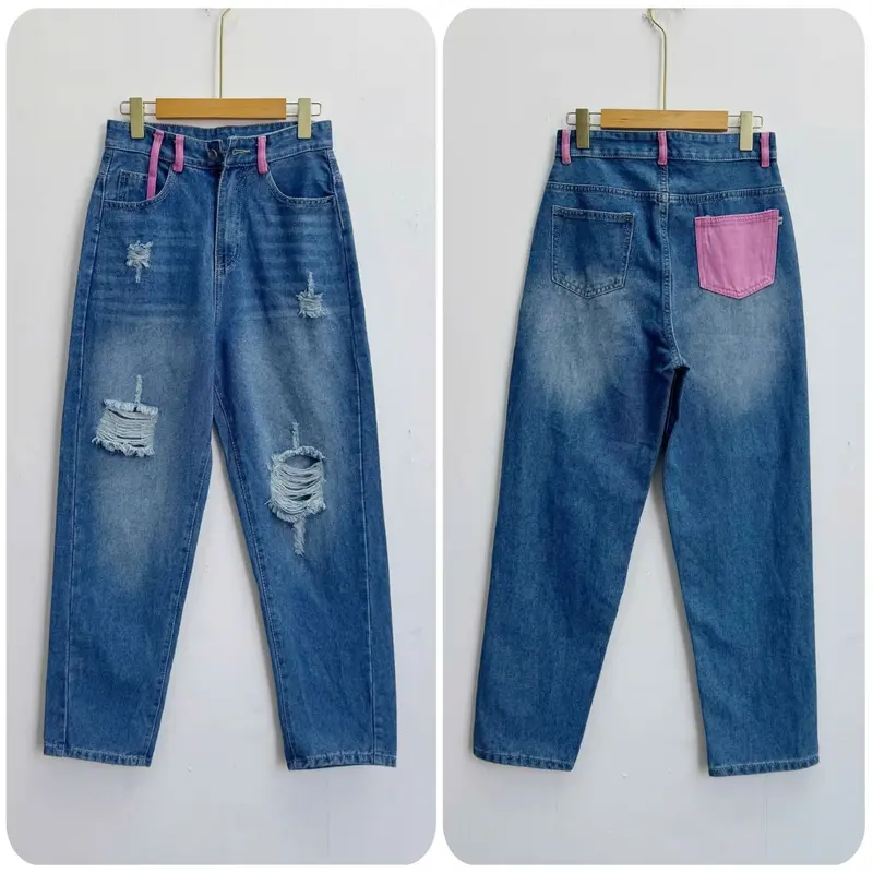 Quần baggy Bigsize Nữ cách điệu rách xanh viền đai túi hồng tôn dáng thời trang năng động cá tính size 60-95kg - Q504 1