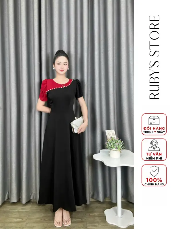 Đầm maxi RUBY thiết kế cao cấp tặng Mẹ thiết kế cổ tròn tay phồng dáng dài xòe đính ngọc trai phối tay kiểu chất mango mềm mát nhiều màu 1