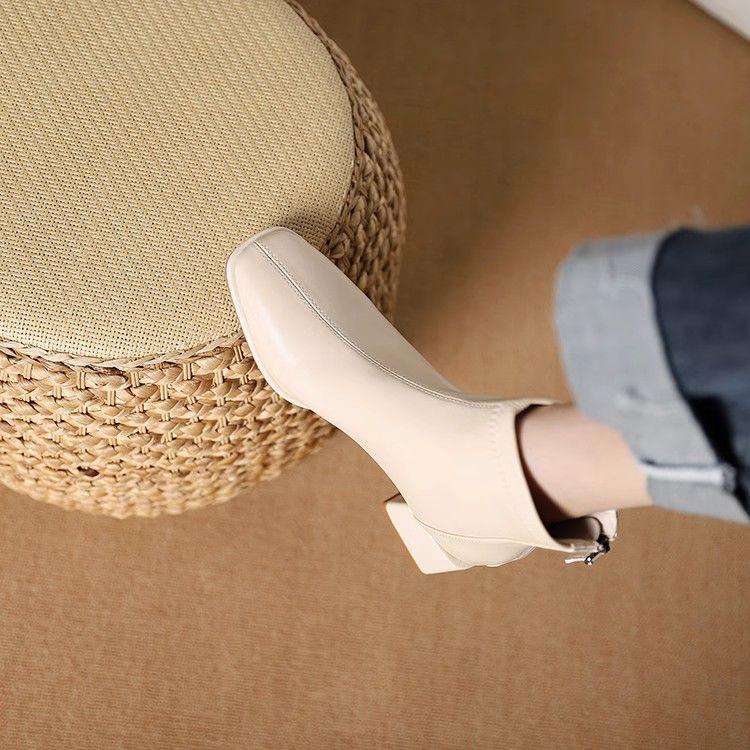 Bốt Cao Gót, Phong Cách Pháp, Dành Cho Nữ, Phong Cách Hàn Quốc Mới, Bốt Cao Đến Mắt Cá Chân Nhỏ Khóa Kéo Phía Sau, Đầu Vuông, Bốt Mỏng Co Giãn Màu Trắng， Boot， Shoes， Hoa 5