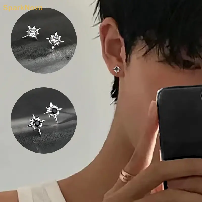 Bông Tai Đinh tán Ngôi Sao, Màu Đen Hợp Xu hướng Dành Cho Nam Và Nữ, Bông Tai Cặp Đôi, Phong Cách Hip-Hop Cá Tính Màu Trắng, Phụ Kiện Tiệc Tùng, 1 Đôi