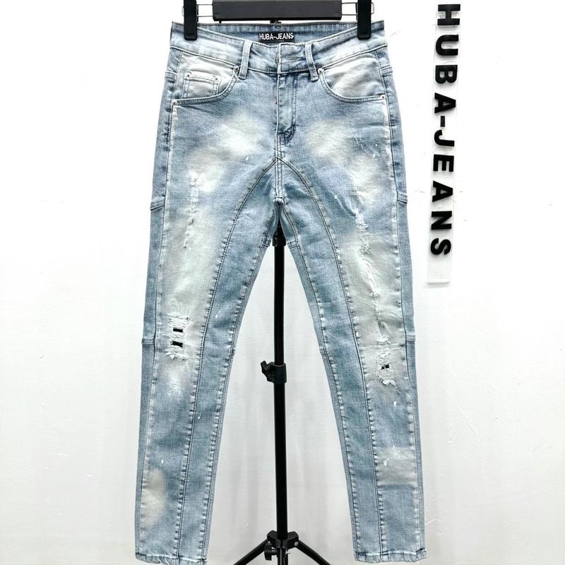 HUBA-JEANS(BIGSIZE) Quần jean nam dài PHOM ÔM ỐNG CÔN bluesea wash rách nhẹ thời trang từ 45kg~ 90kg( có BIGSIZE) Menswear Pants Có Túi Denim quầntàntật quần purple