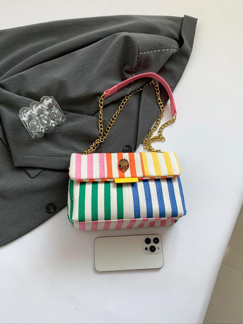 Product Introduction of Women's Fashionable Colorful Striped Pattern Crossbody Bag, Casual Versatile Zipper Shoulder Bag for Daily Used, Trendy All-match Commuter Bag 6