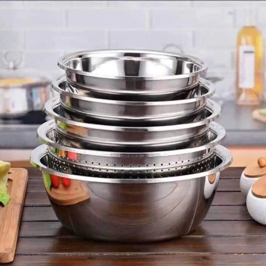 (HÀNG MINI - INOX PHA HỢP KIM  ) bộ thau rổ bát 5 món kích thước 16/18/20/22/25 cm- Cao 5-7cm