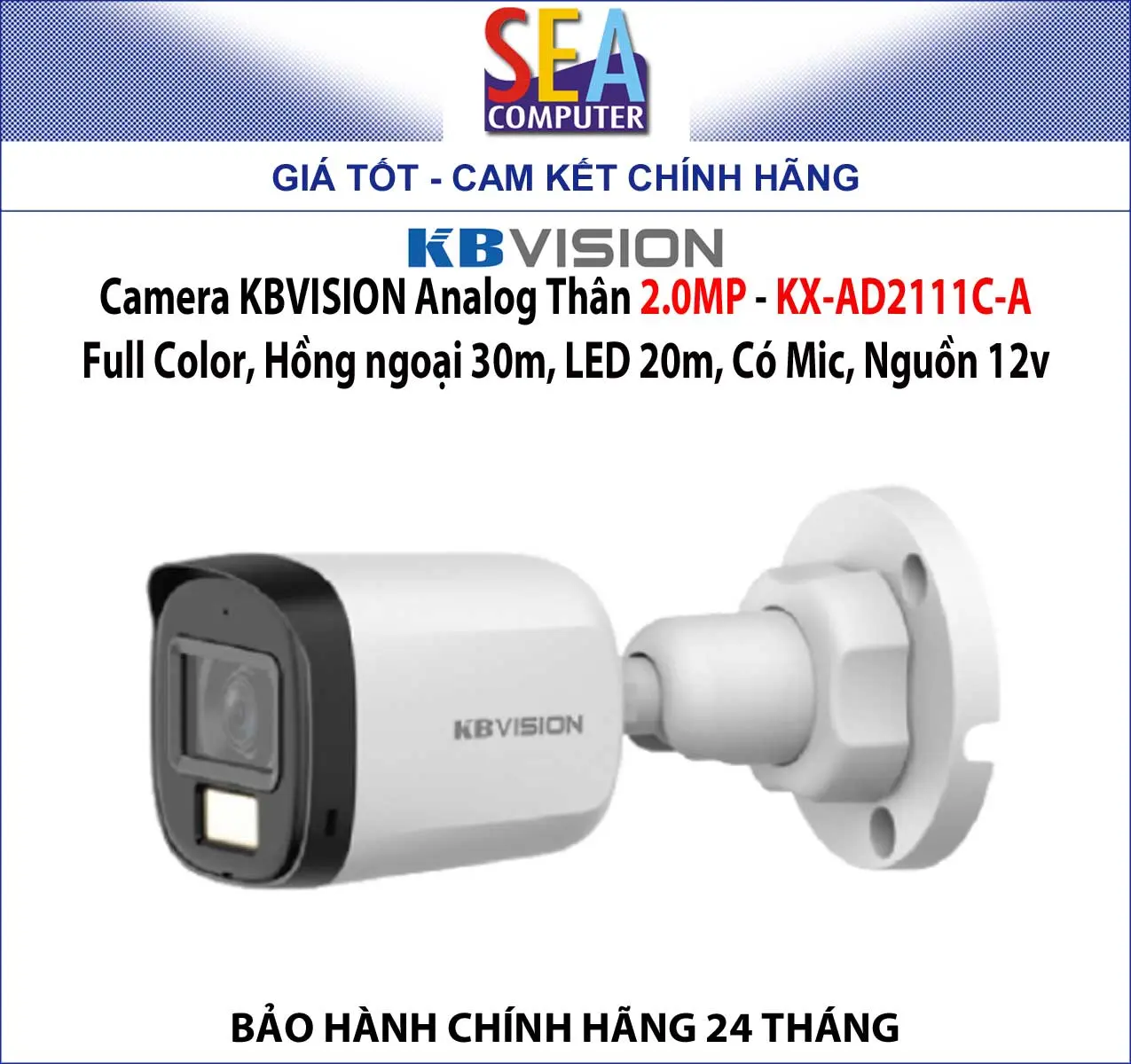 Camera KBVISION Analog Thân 2.0MP , Full Color, Hồng ngoại 30m, LED 20m, Có Mic, Nguồn 12v - KX-AD2111C-A