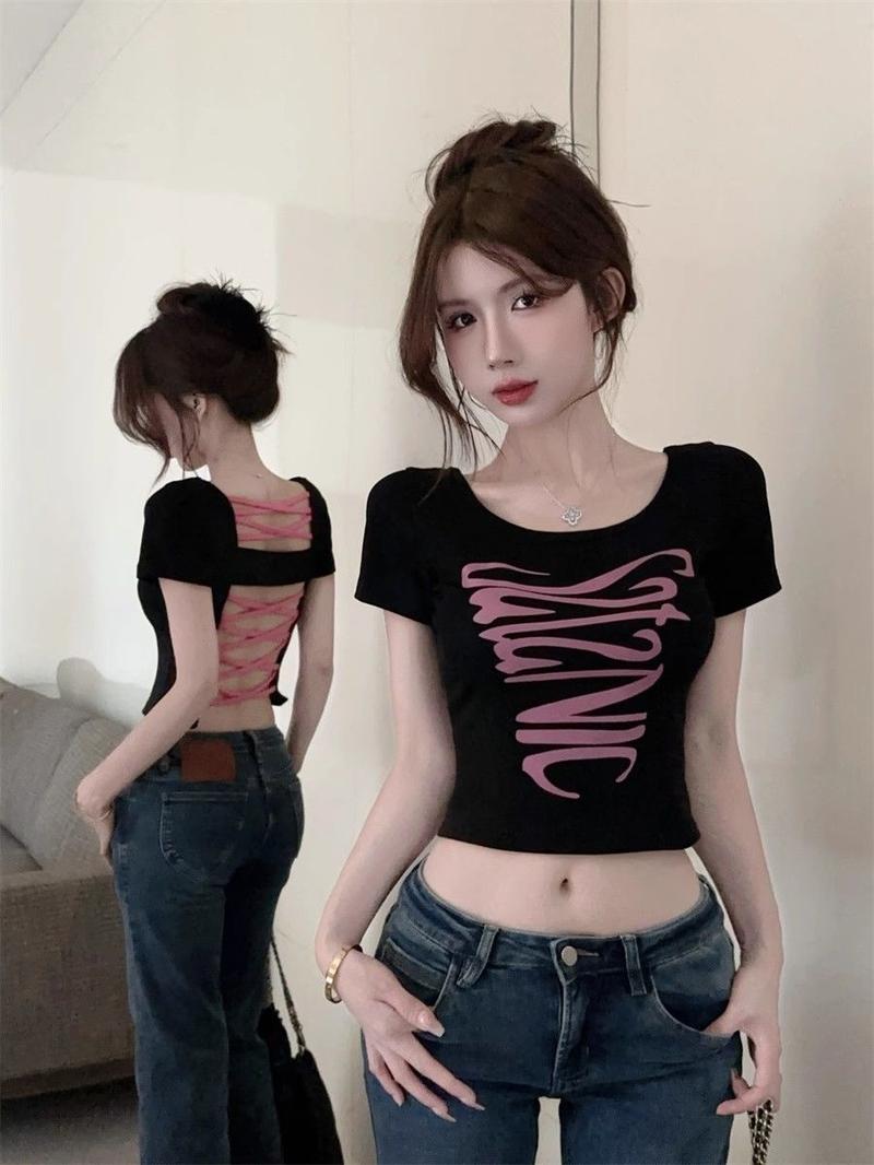 Product Introduction of Hot Design girls lace-up backless shoulder short sleeve top WOMEN'S slim fit slimming handbag color printed short T-shirt 12