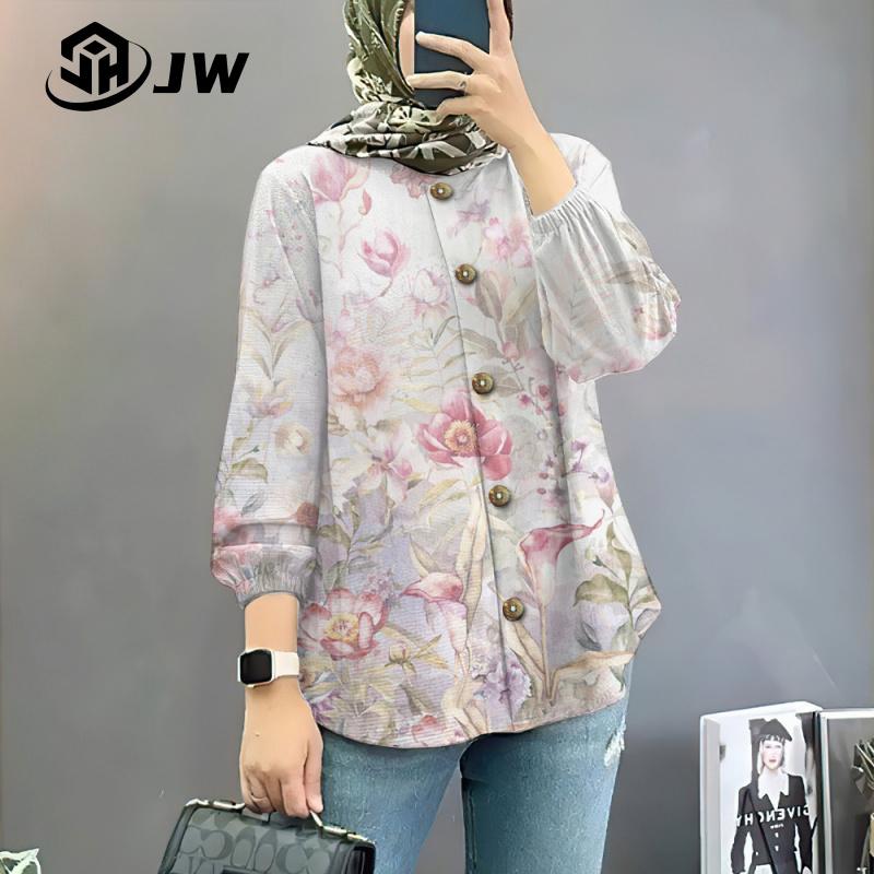 Product Introduction of Women's Muslim shirt elegant and colorful flower oversized loose long sleeved top, beautiful button style affordable and comfortable long sleeved shirt 32