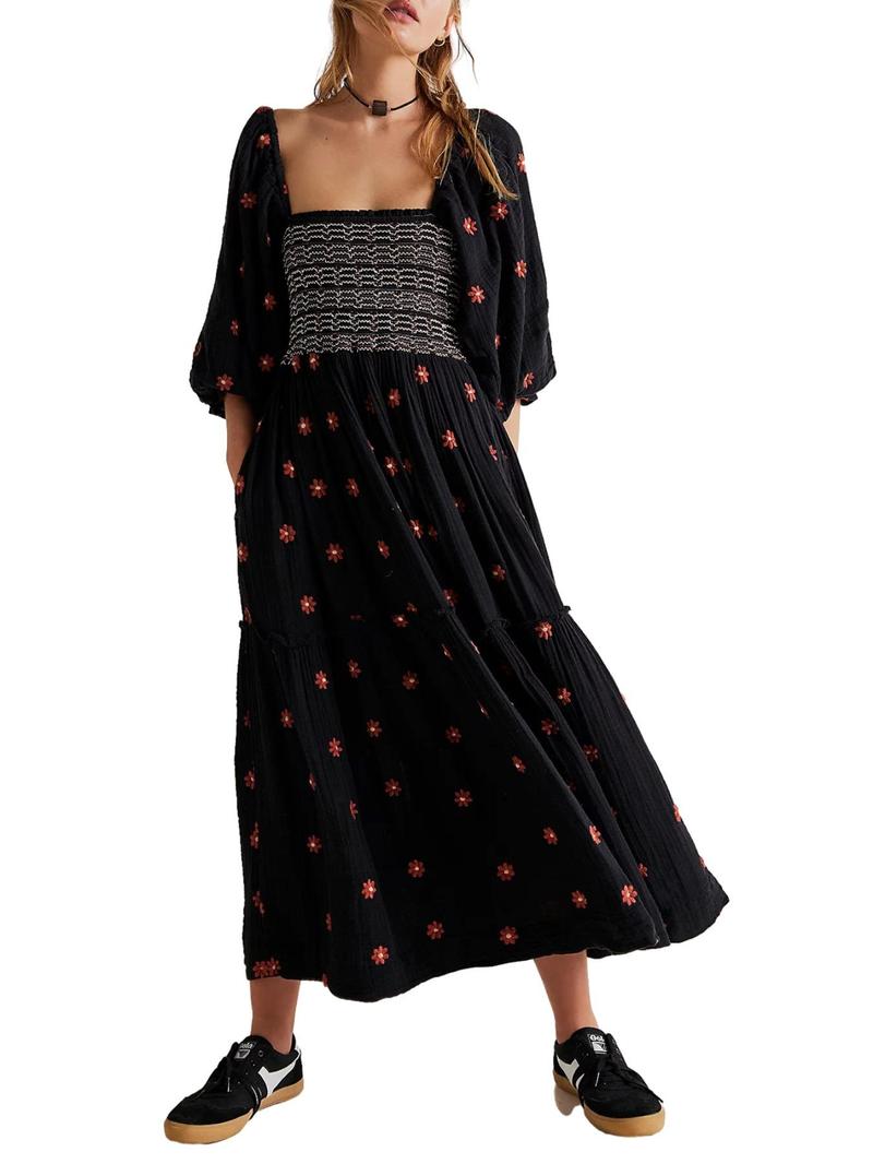 Product Introduction of Women's Floral Embroidery Frill Trim Shirred Flounce Sleeve Dress, Boho Fashion Long Sleeve Square Neck A Line Dress for Daily Holiday Vacation Wear, Ladies Dress for All Seasons, Dresses for Women,  Spring Dress 7