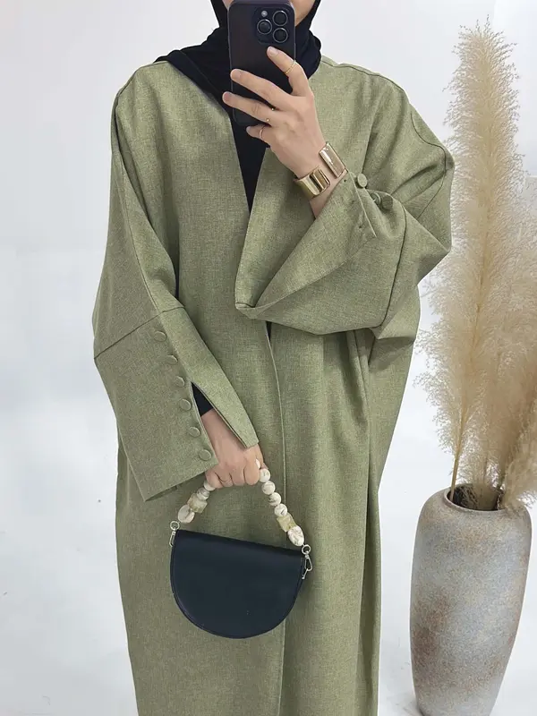 Women's Solid Fake Buttons Split Sleeve Abaya without Hijab, Elegant Modest Comfort Basic Minimalist Long Sleeve Open Front Arabic Clothing, Women's Islamic Clothing, Ladies Clothes for All Seasons 4
