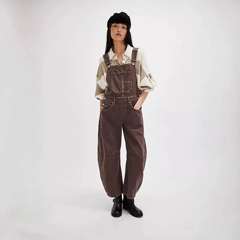 Quần Yếm Denim Túi Hộp Thời Trang Đường Phố, Dáng Suông Tôn Dáng Dáng Rộng Rãi, Phong Cách Cổ Điển Giặt Dễ Phối Đồ, Dành Cho Nữ, Hàng Mới Về Năm 2025 3