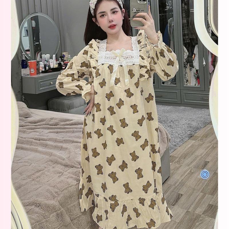 Váy ngủ mặc nhà đầm dáng dài cổ bèo tay dài  tiểu thư dễ thương kute chất đũi lạnh LANUTA Nữ 4