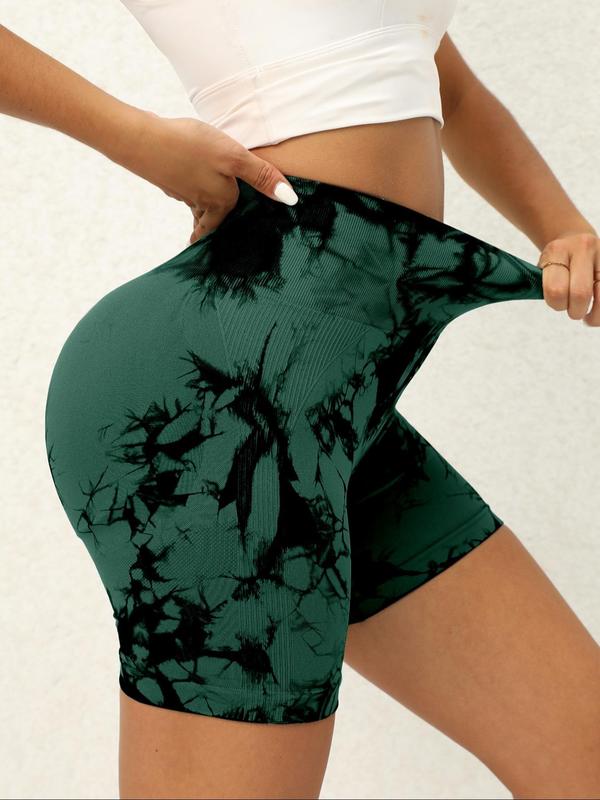 Women's 3pcs Tie Dye Print Ruched Sports Bra & High Waist Leggings & Skinny Shorts Tracksuit Set, Sleeveless Straps Top & High Stretch Seamless Yoga Pants & Shorts Fitness 6