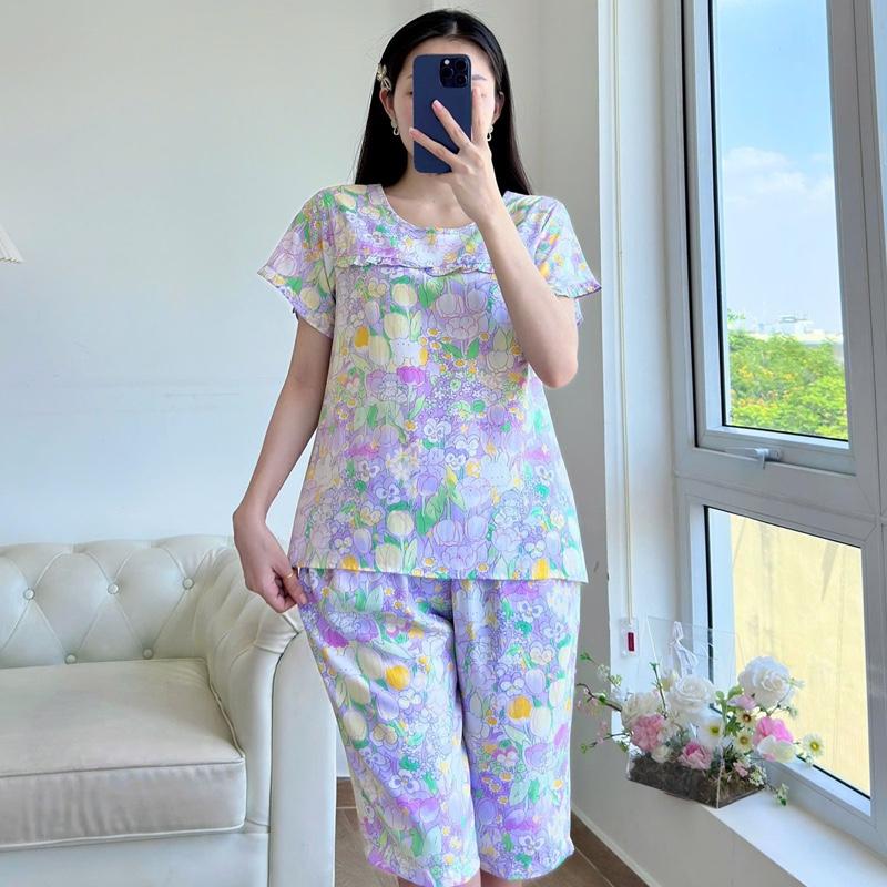 Bộ tole lanh quần lửng áo có tay phối bèo xinh xắn Nữ mặc nhà Women 2