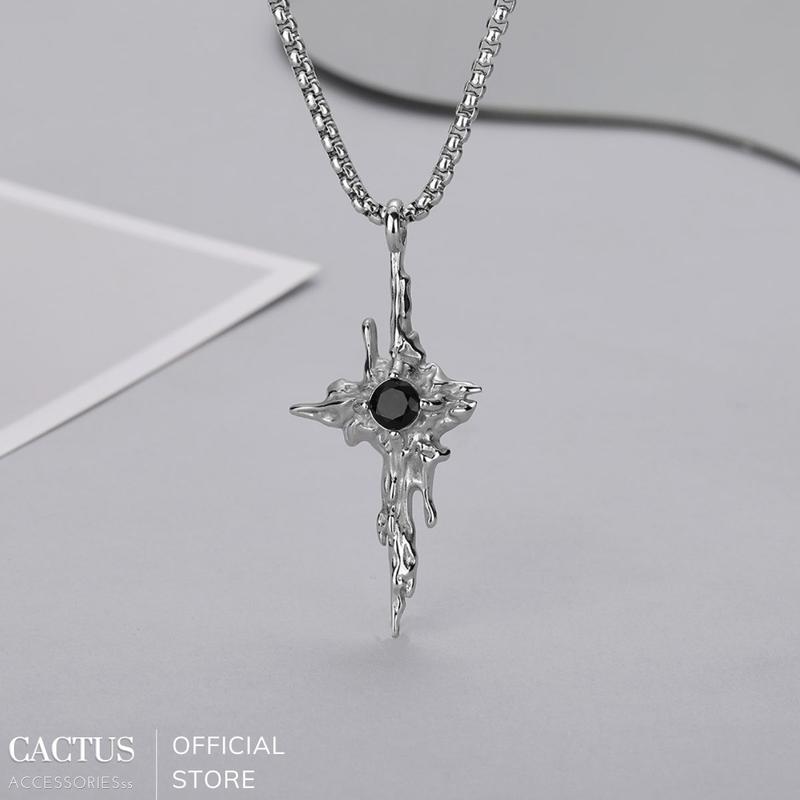 Dây chuyền xích mặt cách điệu đính đá đen, thiết kế Unisex nam nữ, thép titan không gỉ