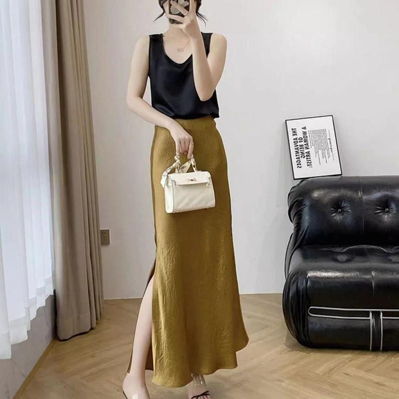 Golden Acetate Satin Slim Fit Split Skirt Women 2024 Summer New ...