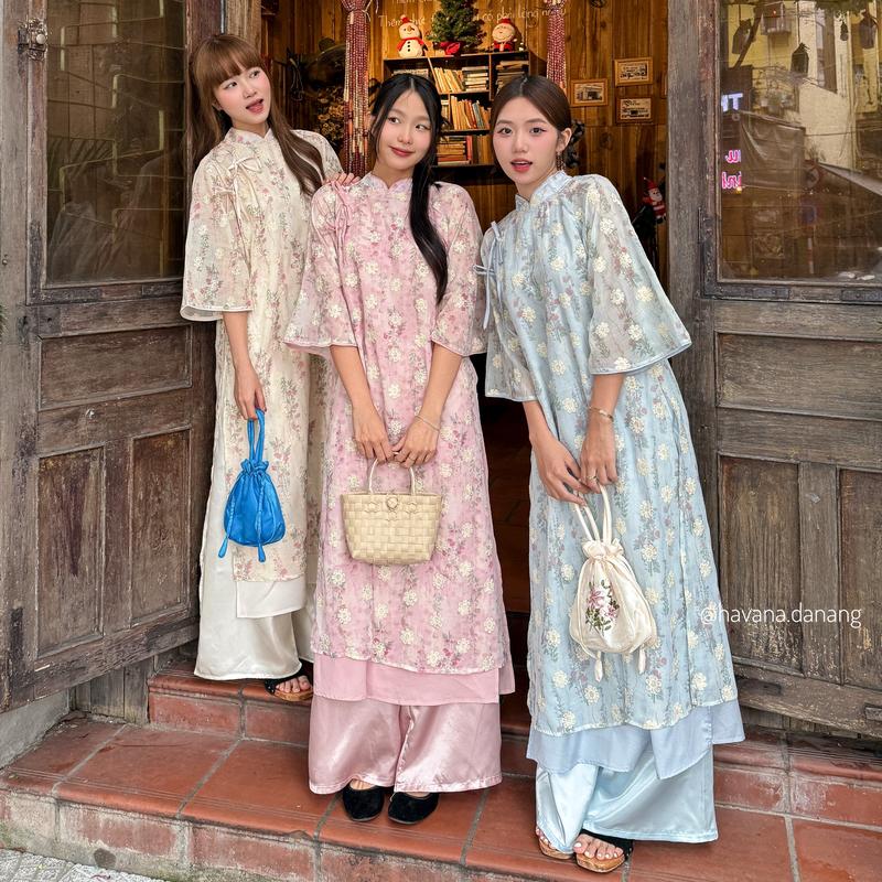 (HAVANA) CÓ BIGSIZE - Áo dài thô boil BẠCH VŨ tay loe phối nơ buộc đôi cách điệu kèm quần Satin AD136