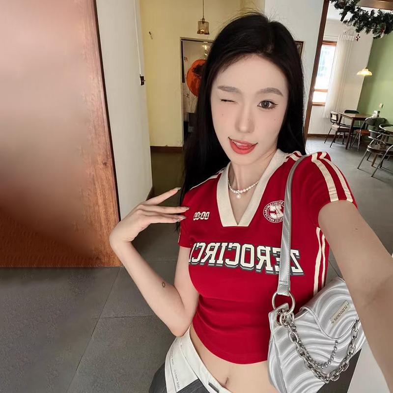Product Introduction of American Retro Letter Print V-neck Short Sleeve T-shirt Women Y2K  Crop Top 22
