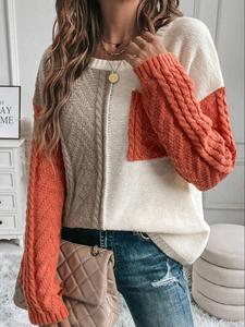 Women's Textured Patchwork Drop Shoulder Sweater, Casual Pocket Long Sleeve Round Neck Jumper for Fall & Winter, Fashion Ladies' Knitwear for Daily Wear